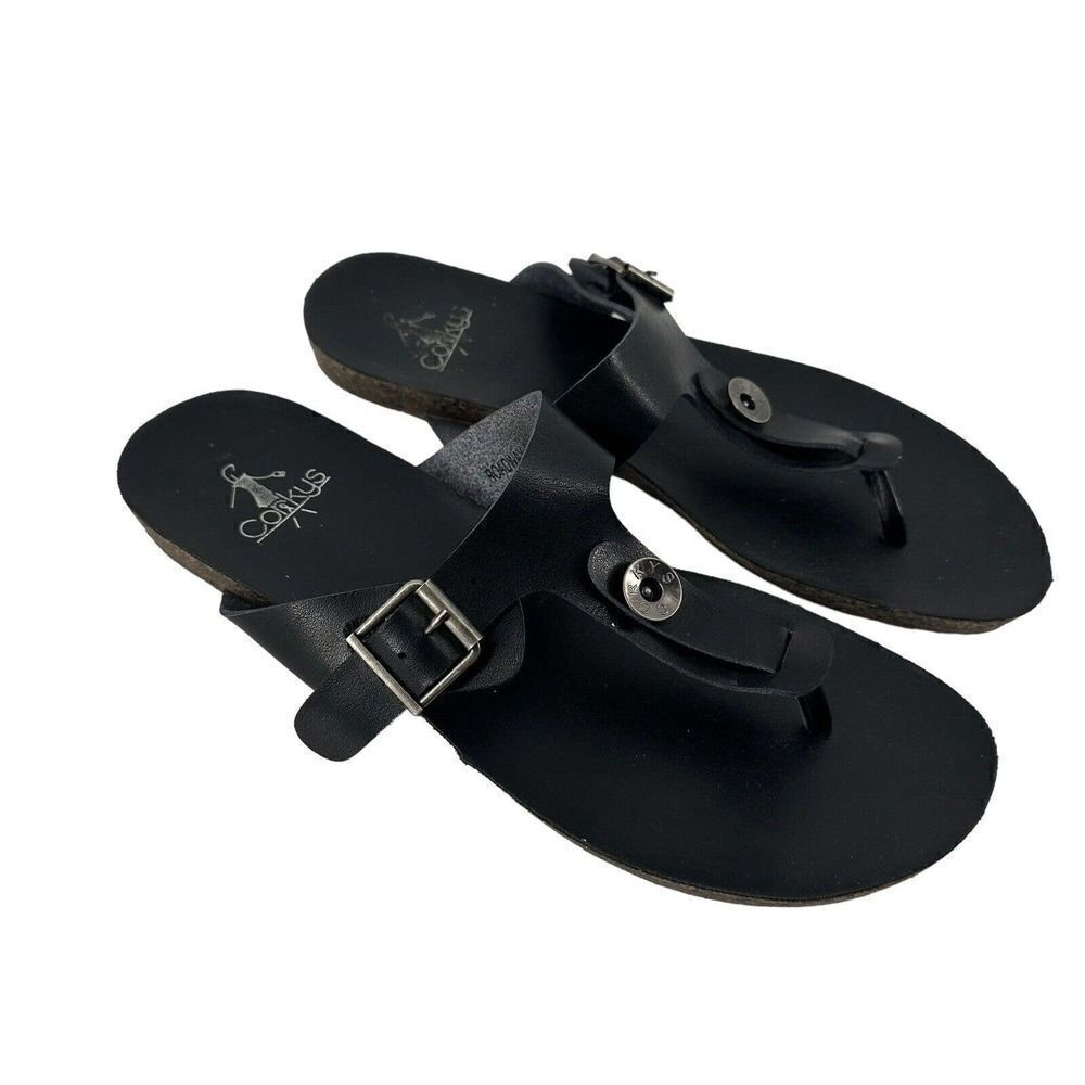 Corkys Thong Sandals Black Leather Womens Size 8 Roadway Classic Open Toe Flat